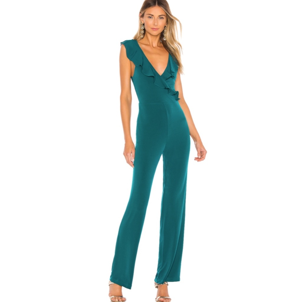 Lovers + Friends Teal Ruffle V-Neck Jumpsuit